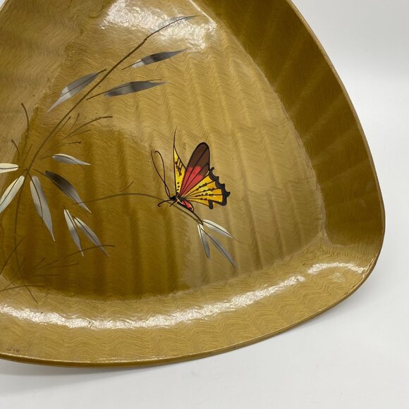Vintage Japanese Lacquerware Gold Triangle Tray With Bamboo & Butterfly Design - Picture 3 of 14